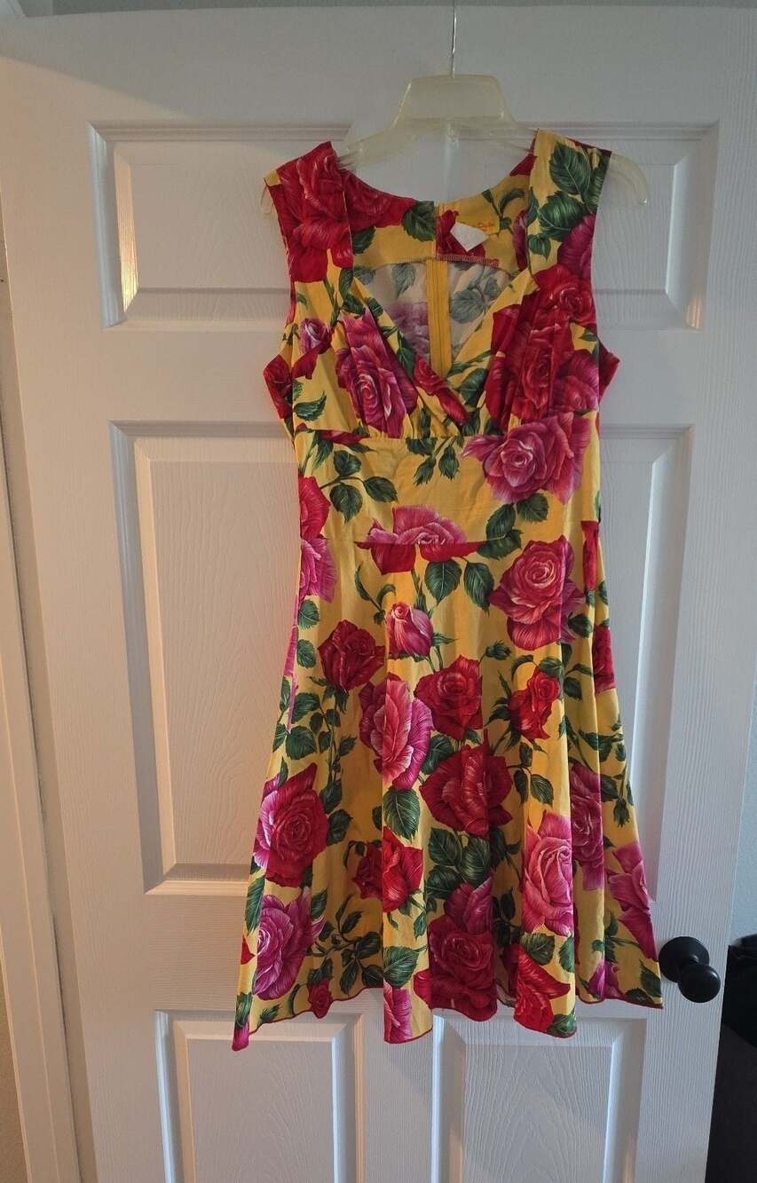 Bernie Dexter Yellow & Pink Cabbage Rose Dress Size L EUC Rockabilly Pinup